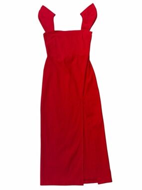 Vesper Red Square-Neck Midi Dress with Ruffle Shoulder Straps and Side Split